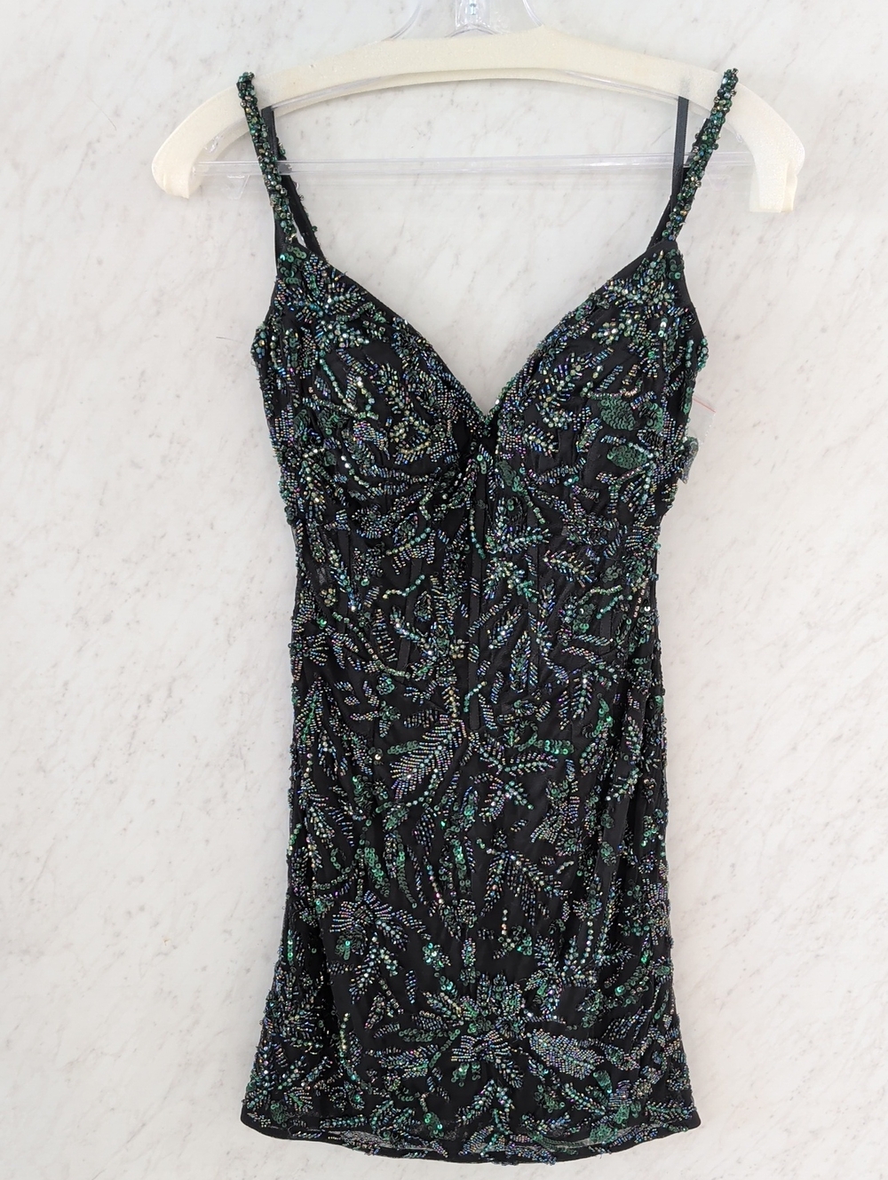 Sparkling Black Beaded V-Neck Prom Dress with Green Accents